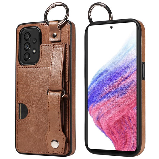 008 For Samsung Galaxy A53 5G Kickstand Case Calf Texture Leather+TPU Phone Case - Brown