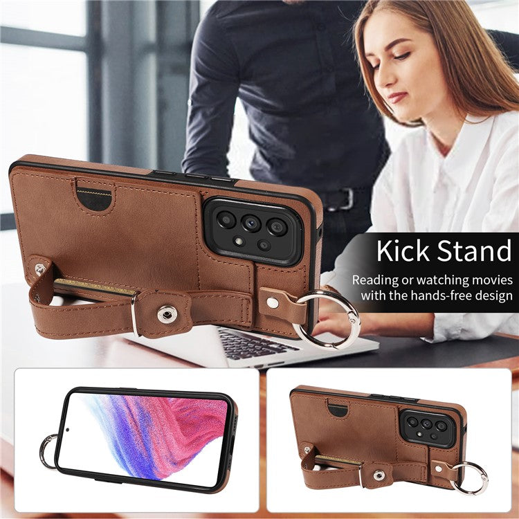 008 For Samsung Galaxy A53 5G Kickstand Case Calf Texture Leather+TPU Phone Case - Brown