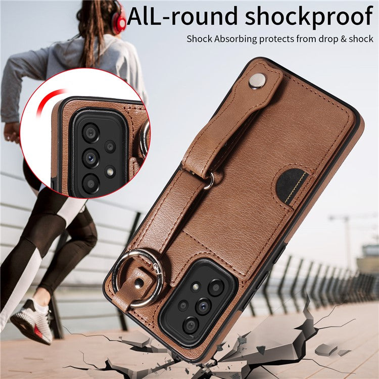 008 For Samsung Galaxy A53 5G Kickstand Case Calf Texture Leather+TPU Phone Case - Brown