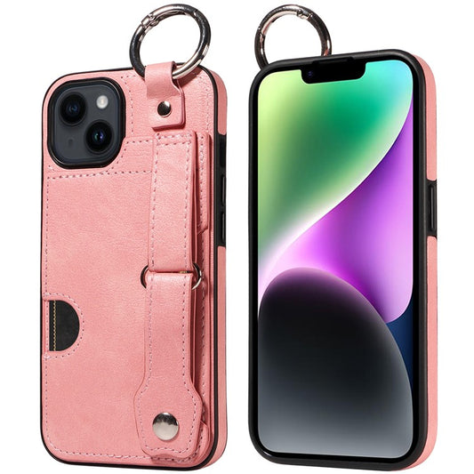 008 For iPhone 14 Cell Phone Case Leather+TPU Anti Drop Cover Wristband Strap - Pink