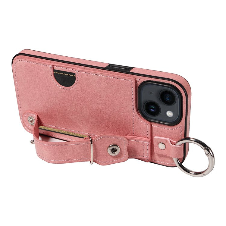 008 For iPhone 14 Cell Phone Case Leather+TPU Anti Drop Cover Wristband Strap - Pink