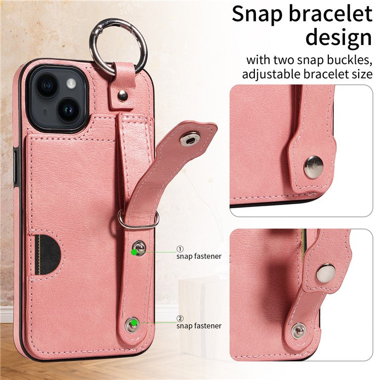 008 For iPhone 14 Cell Phone Case Leather+TPU Anti Drop Cover Wristband Strap - Pink