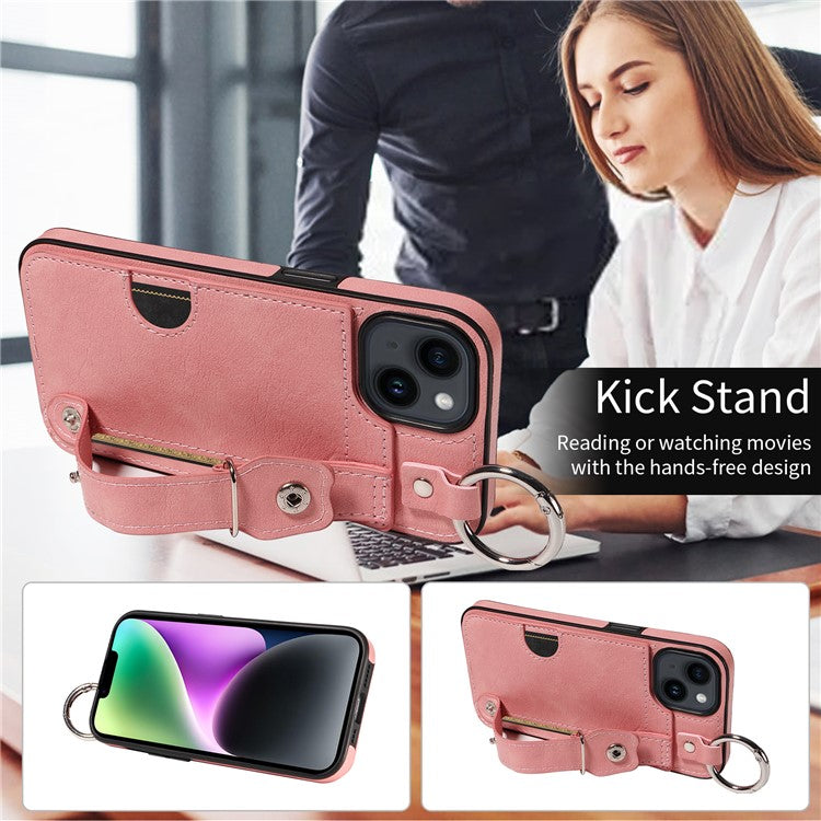008 For iPhone 14 Cell Phone Case Leather+TPU Anti Drop Cover Wristband Strap - Pink