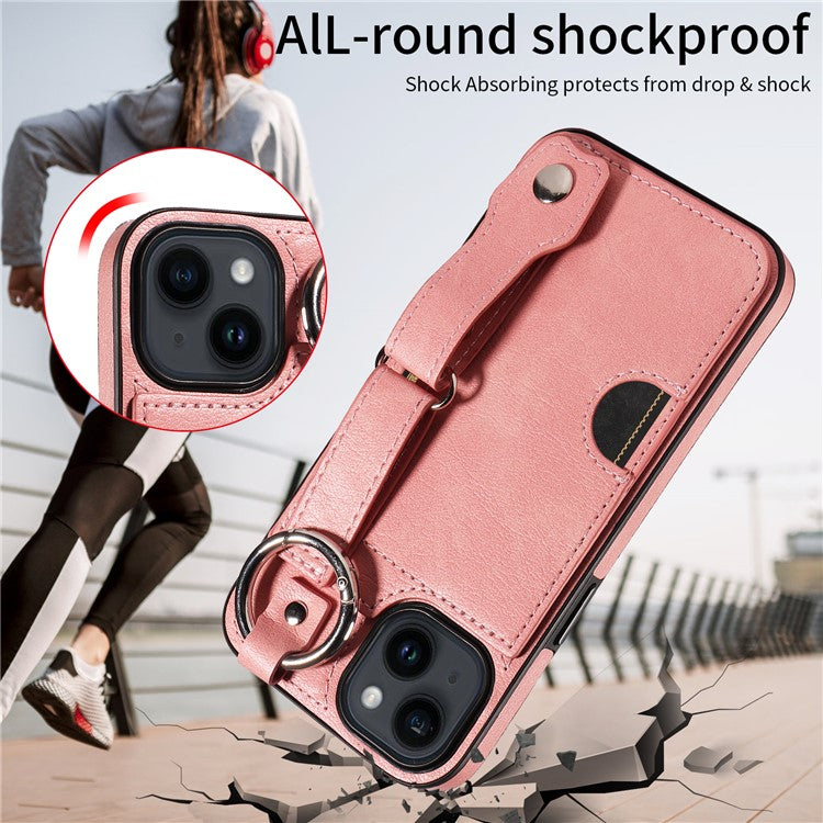 008 For iPhone 14 Cell Phone Case Leather+TPU Anti Drop Cover Wristband Strap - Pink