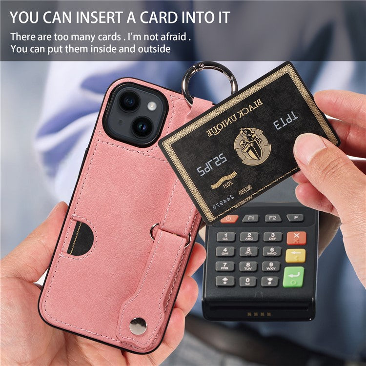 008 For iPhone 14 Cell Phone Case Leather+TPU Anti Drop Cover Wristband Strap - Pink