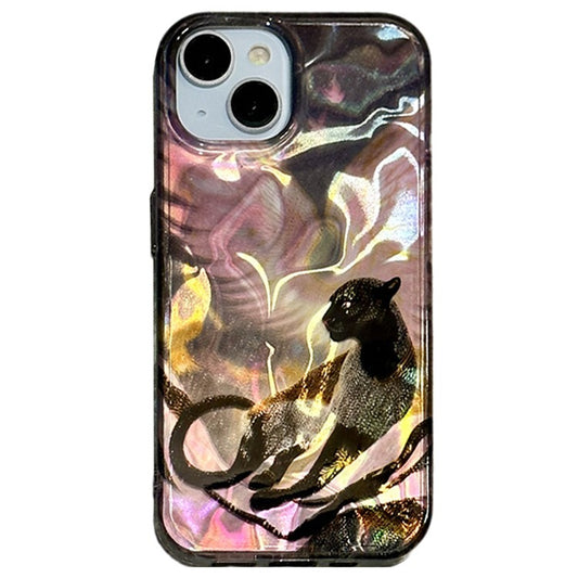 For iPhone 14 Phone Case Laser Effect Pattern Print PC+TPU Protective Cover - Pink Eyed Black Panther
