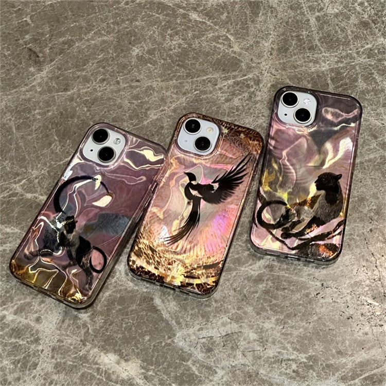 For iPhone 14 Phone Case Laser Effect Pattern Print PC+TPU Protective Cover - Pink Eyed Black Panther