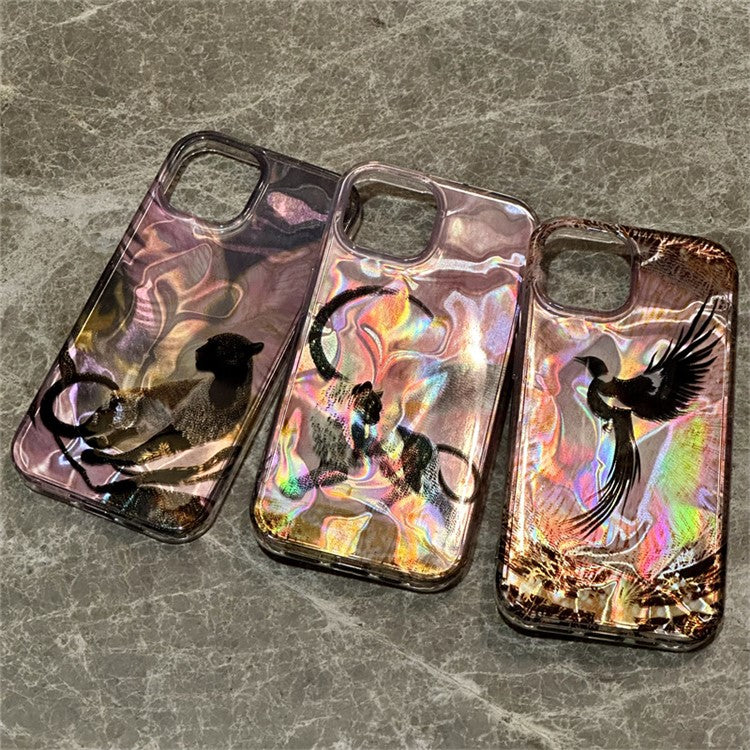 For iPhone 14 Phone Case Laser Effect Pattern Print PC+TPU Protective Cover - Pink Eyed Black Panther