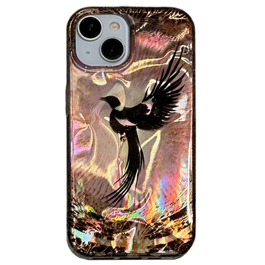 For iPhone 14 Phone Case Laser Effect Pattern Print PC+TPU Protective Cover - Black Phoenix