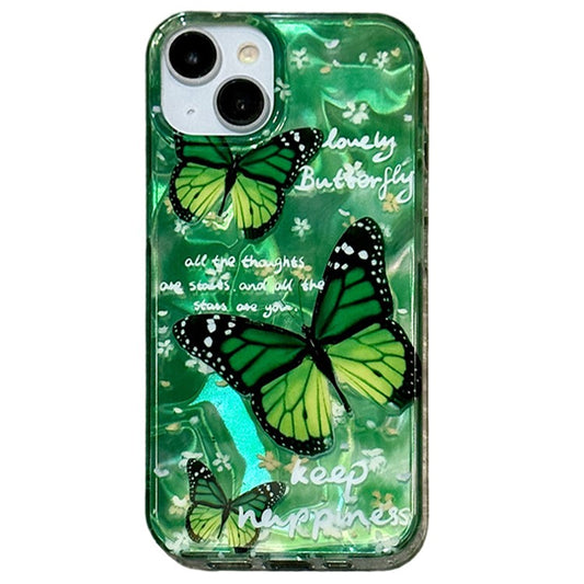 For iPhone 14 Phone Case Laser Effect Pattern Print PC+TPU Protective Cover - Green Butterfly