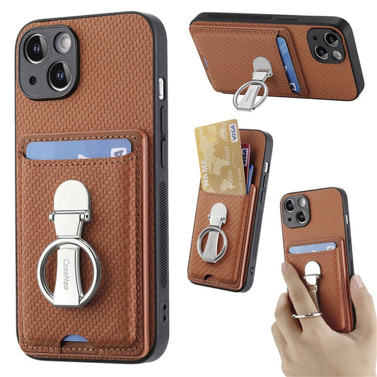 C1-9 For iPhone 14 Kickstand Case Carbon Fiber Texture PU+TPU+PC Phone Cover - Brown