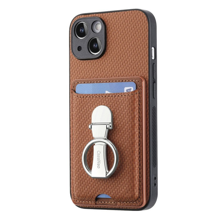 C1-9 For iPhone 14 Kickstand Case Carbon Fiber Texture PU+TPU+PC Phone Cover - Brown
