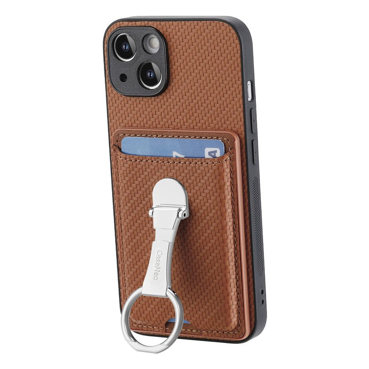 C1-9 For iPhone 14 Kickstand Case Carbon Fiber Texture PU+TPU+PC Phone Cover - Brown
