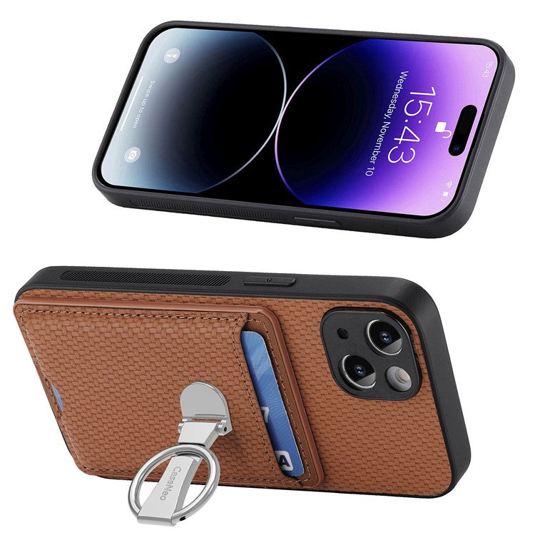 C1-9 For iPhone 14 Kickstand Case Carbon Fiber Texture PU+TPU+PC Phone Cover - Brown
