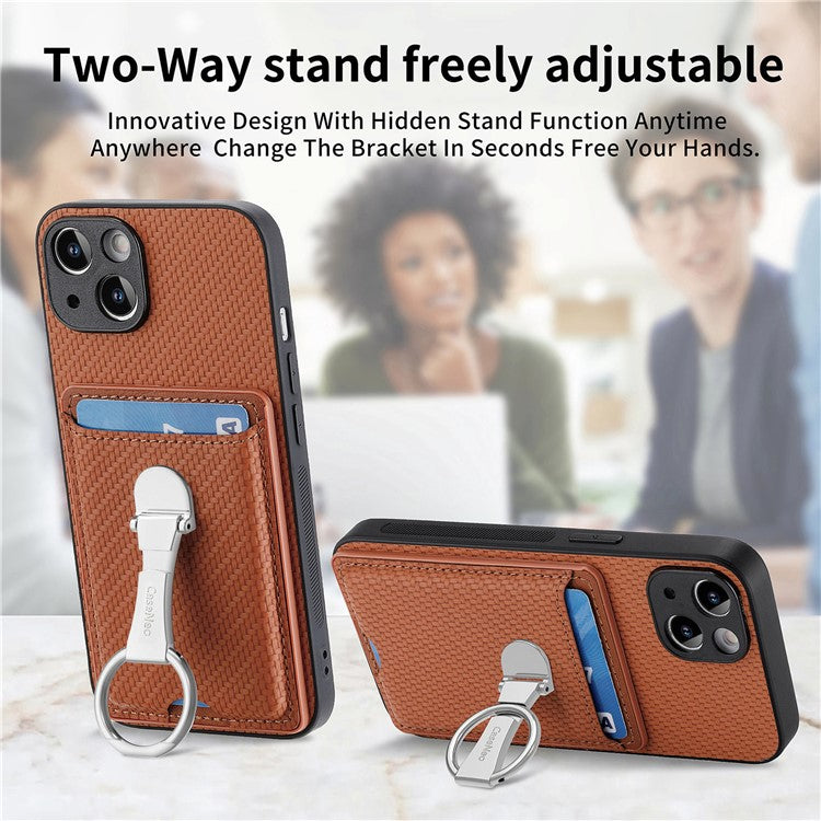 C1-9 For iPhone 14 Kickstand Case Carbon Fiber Texture PU+TPU+PC Phone Cover - Brown