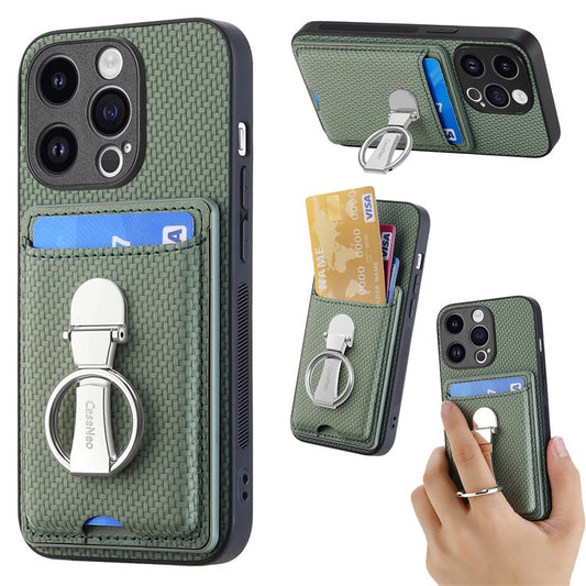 C1-9 for iPhone 14 Pro Phone Card Case Carbon Fiber Texture Leather+TPU+PC Kickstand Cover - Green