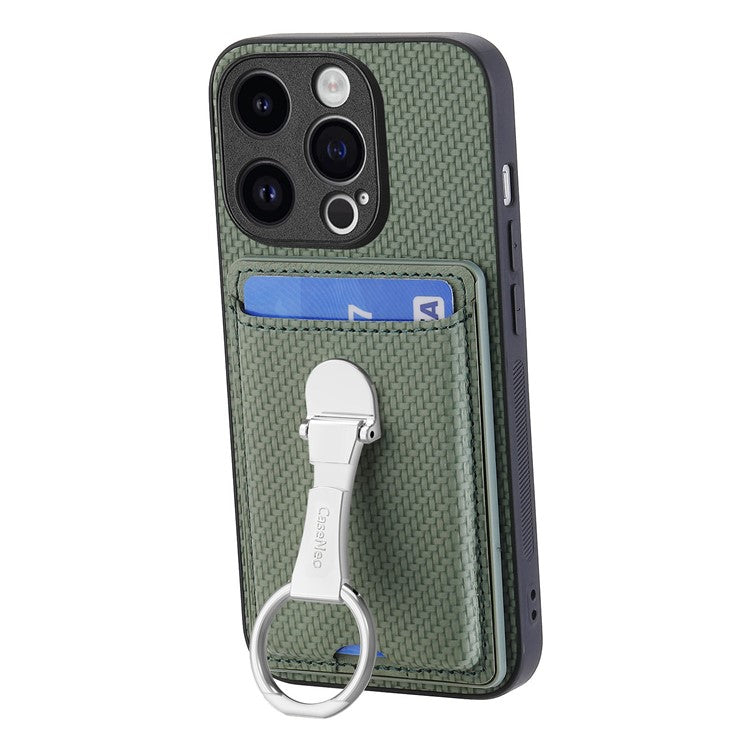 C1-9 for iPhone 14 Pro Phone Card Case Carbon Fiber Texture Leather+TPU+PC Kickstand Cover - Green