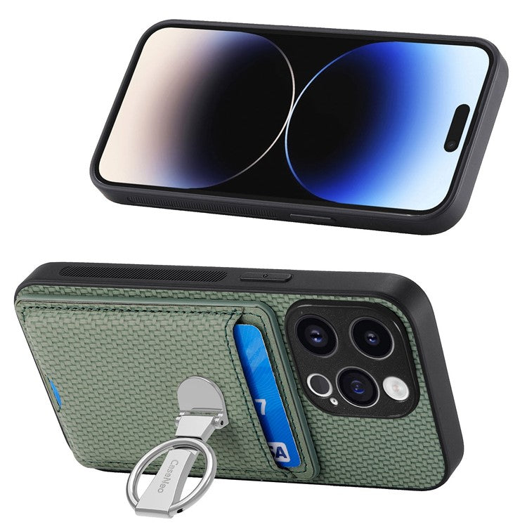 C1-9 for iPhone 14 Pro Phone Card Case Carbon Fiber Texture Leather+TPU+PC Kickstand Cover - Green