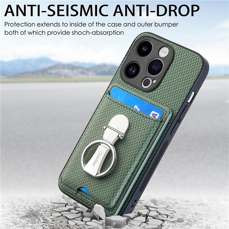 C1-9 for iPhone 14 Pro Phone Card Case Carbon Fiber Texture Leather+TPU+PC Kickstand Cover - Green