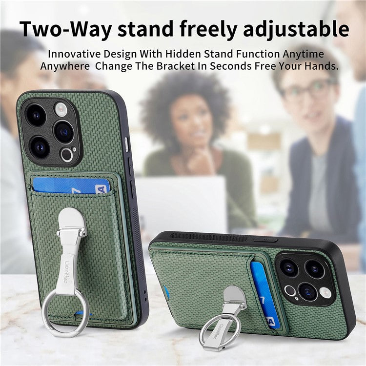 C1-9 for iPhone 14 Pro Phone Card Case Carbon Fiber Texture Leather+TPU+PC Kickstand Cover - Green
