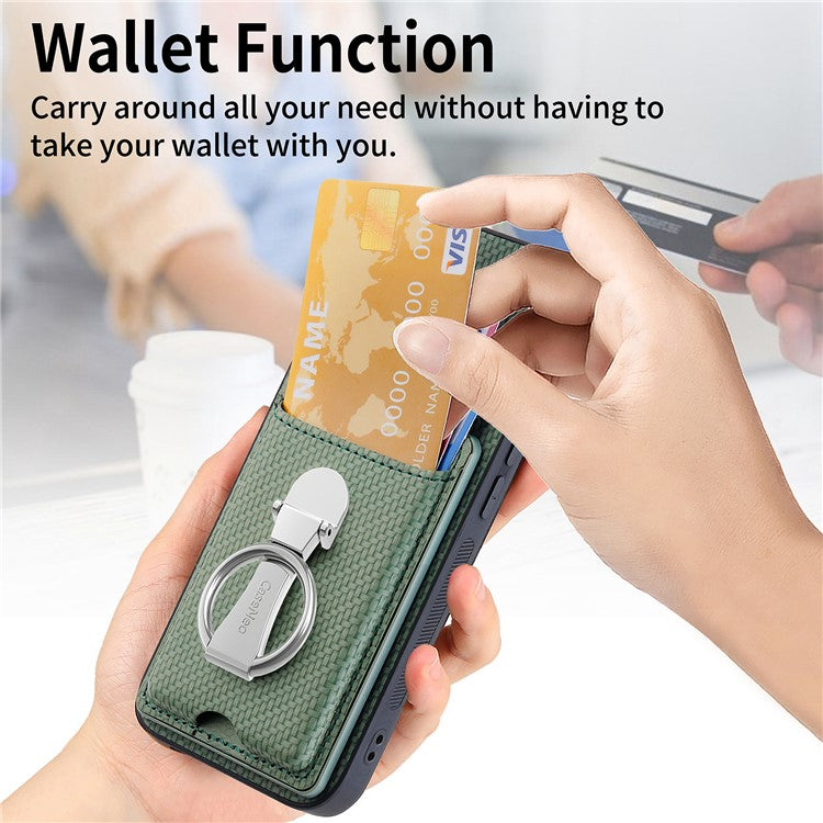 C1-9 for iPhone 14 Pro Phone Card Case Carbon Fiber Texture Leather+TPU+PC Kickstand Cover - Green