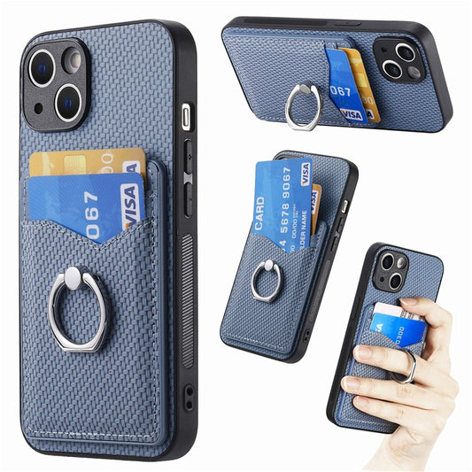 For iPhone 14 Case Carbon Fiber PU Card Slots Phone Cover with Kickstand - Blue