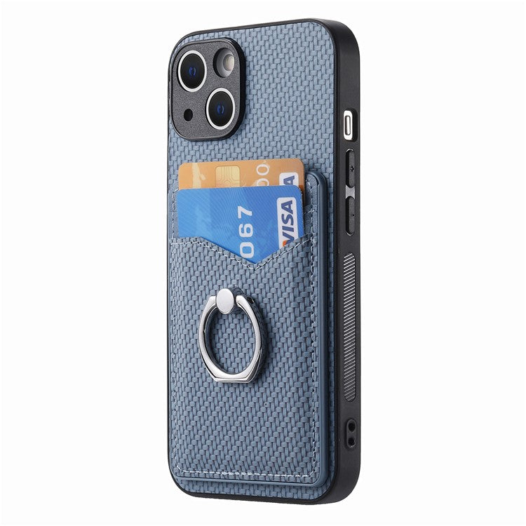 For iPhone 14 Case Carbon Fiber PU Card Slots Phone Cover with Kickstand - Blue