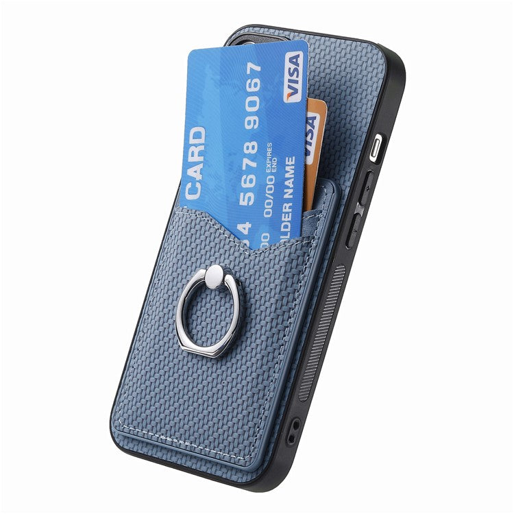 For iPhone 14 Case Carbon Fiber PU Card Slots Phone Cover with Kickstand - Blue