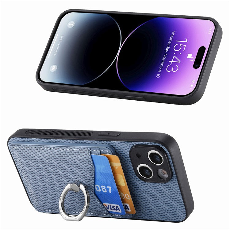 For iPhone 14 Case Carbon Fiber PU Card Slots Phone Cover with Kickstand - Blue