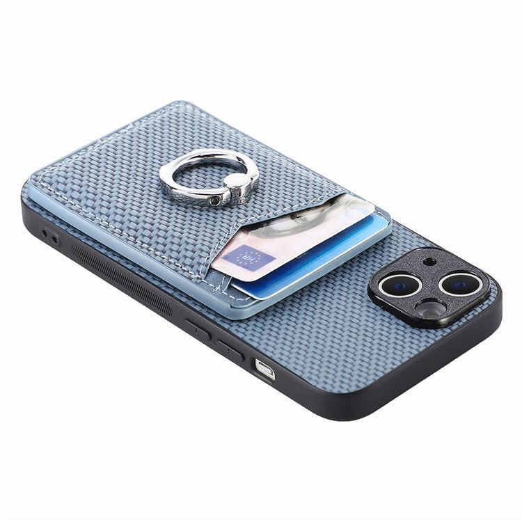 For iPhone 14 Case Carbon Fiber PU Card Slots Phone Cover with Kickstand - Blue