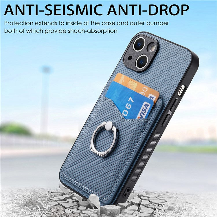 For iPhone 14 Case Carbon Fiber PU Card Slots Phone Cover with Kickstand - Blue