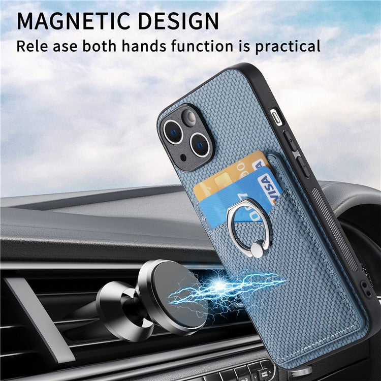 For iPhone 14 Case Carbon Fiber PU Card Slots Phone Cover with Kickstand - Blue