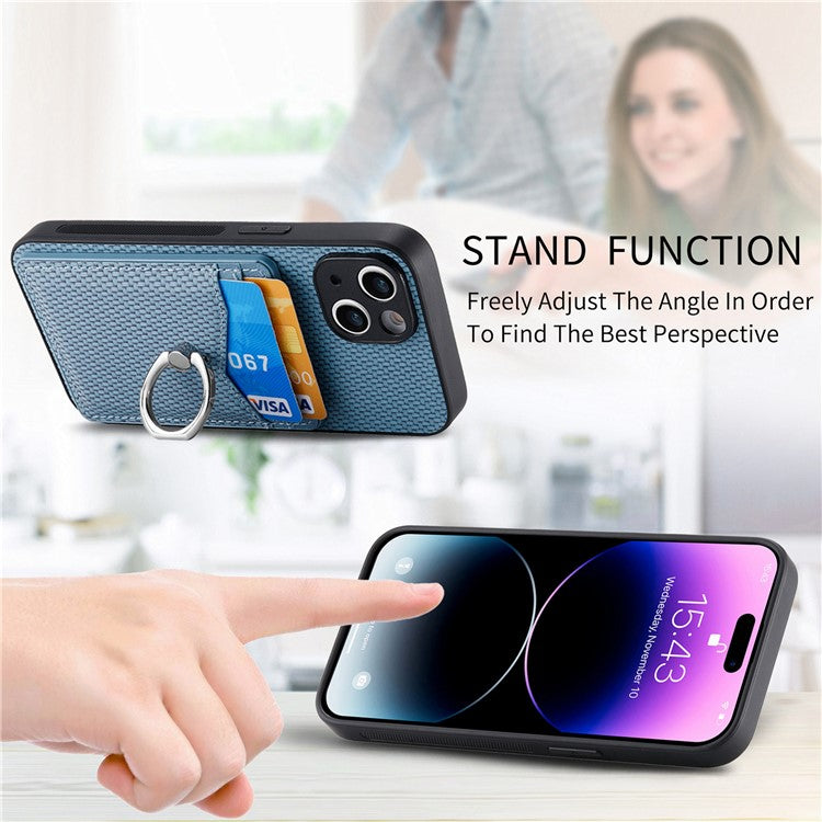 For iPhone 14 Case Carbon Fiber PU Card Slots Phone Cover with Kickstand - Blue