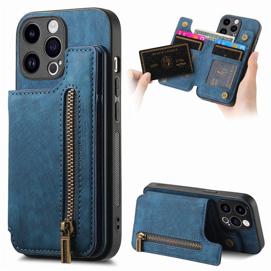 D15 For iPhone 14 Pro Case Retro PU+TPU Anti-Drop Phone Cover with Zipper Wallet Kickstand - Blue