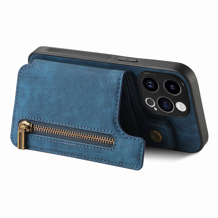 D15 For iPhone 14 Pro Case Retro PU+TPU Anti-Drop Phone Cover with Zipper Wallet Kickstand - Blue