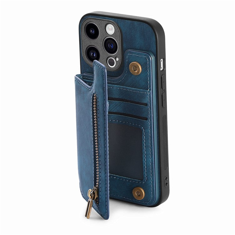 D15 For iPhone 14 Pro Case Retro PU+TPU Anti-Drop Phone Cover with Zipper Wallet Kickstand - Blue