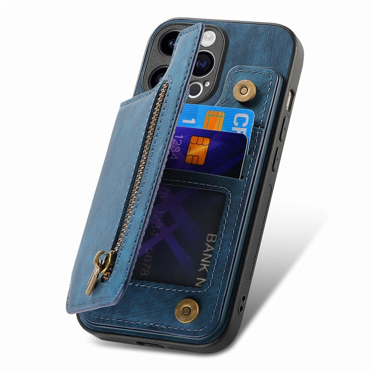 D15 For iPhone 14 Pro Case Retro PU+TPU Anti-Drop Phone Cover with Zipper Wallet Kickstand - Blue