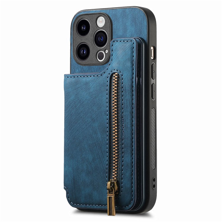 D15 For iPhone 14 Pro Case Retro PU+TPU Anti-Drop Phone Cover with Zipper Wallet Kickstand - Blue