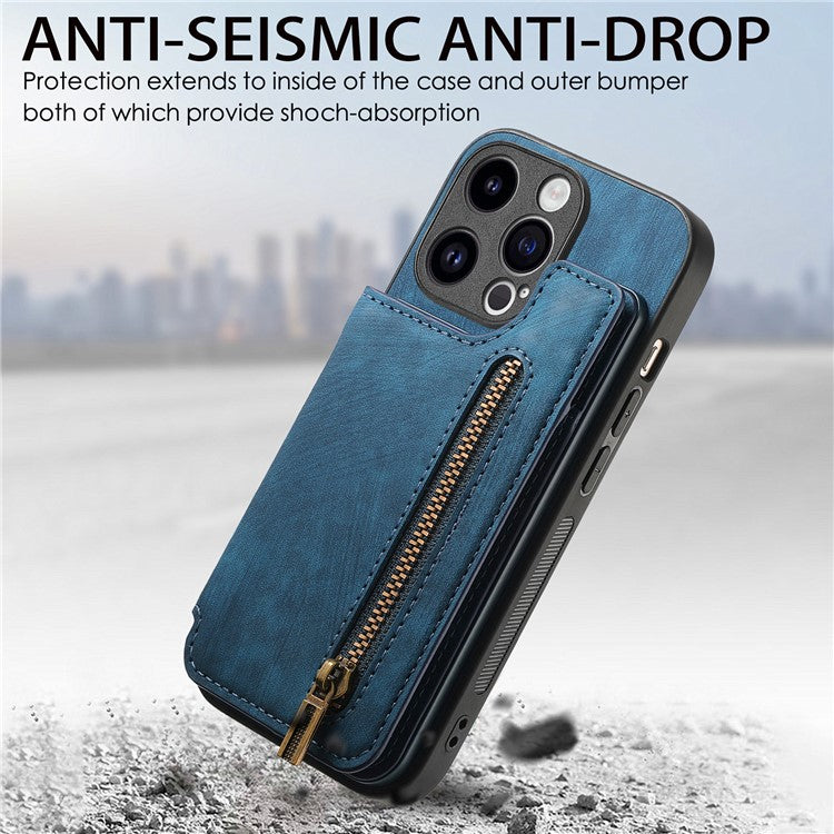 D15 For iPhone 14 Pro Case Retro PU+TPU Anti-Drop Phone Cover with Zipper Wallet Kickstand - Blue