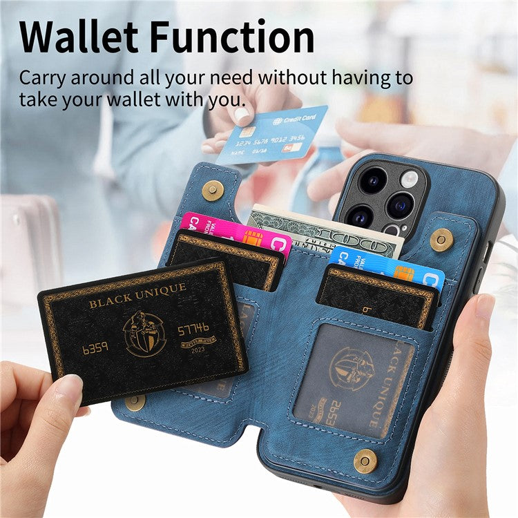 D15 For iPhone 14 Pro Case Retro PU+TPU Anti-Drop Phone Cover with Zipper Wallet Kickstand - Blue