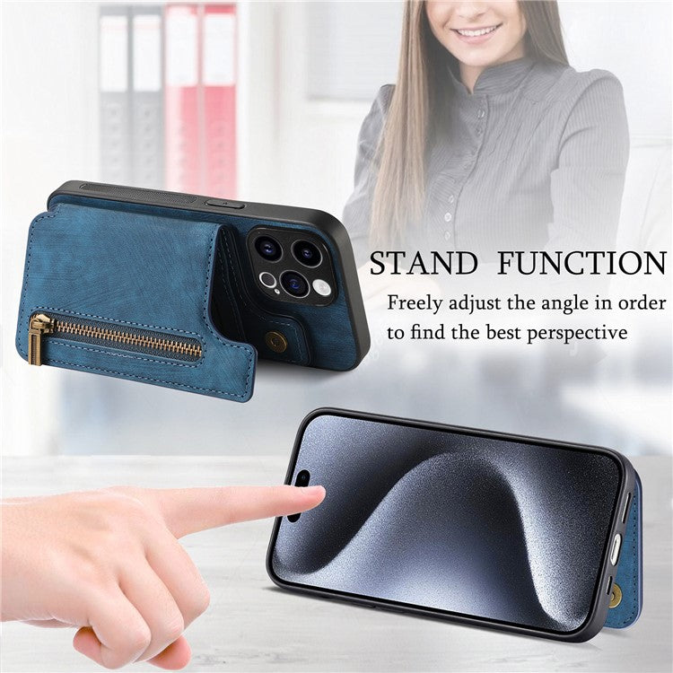 D15 For iPhone 14 Pro Case Retro PU+TPU Anti-Drop Phone Cover with Zipper Wallet Kickstand - Blue