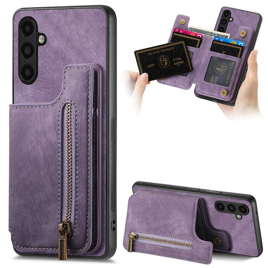 D15 For Samsung Galaxy A13 4G Case Retro Leather+TPU Phone Cover with Zipper Pocket+Kickstand - Purple