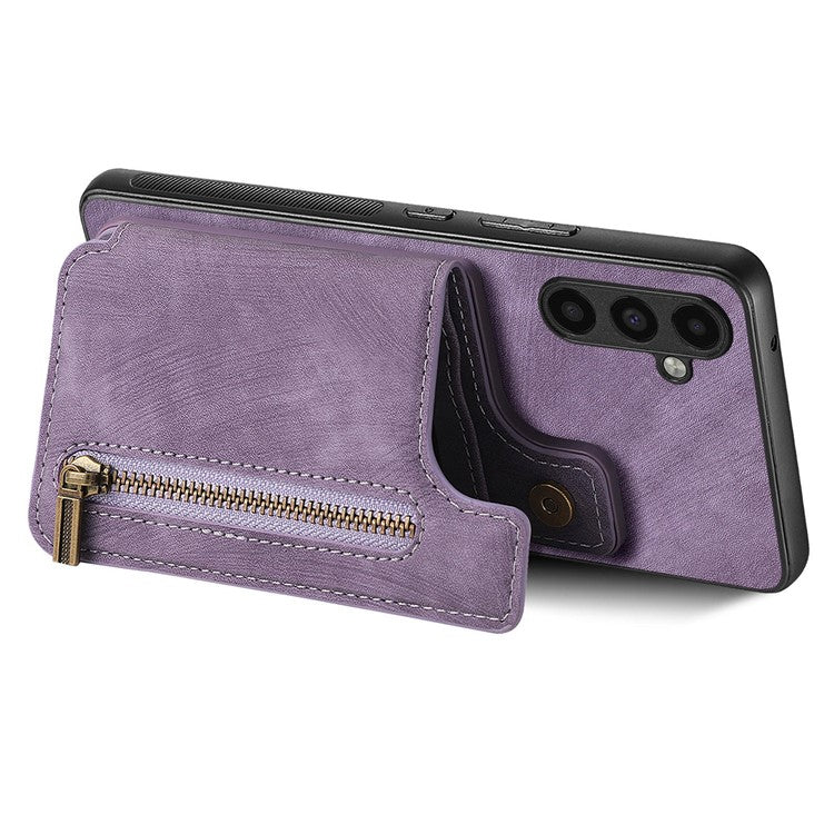 D15 For Samsung Galaxy A13 4G Case Retro Leather+TPU Phone Cover with Zipper Pocket+Kickstand - Purple