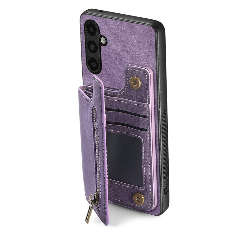 D15 For Samsung Galaxy A13 4G Case Retro Leather+TPU Phone Cover with Zipper Pocket+Kickstand - Purple