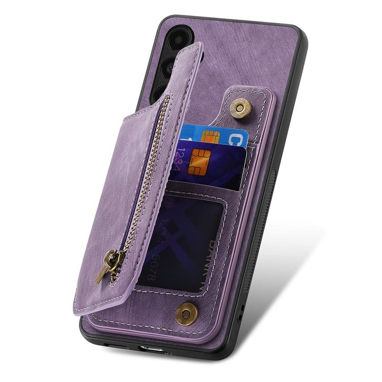 D15 For Samsung Galaxy A13 4G Case Retro Leather+TPU Phone Cover with Zipper Pocket+Kickstand - Purple