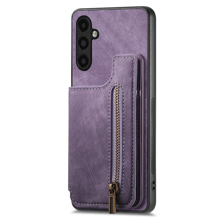 D15 For Samsung Galaxy A13 4G Case Retro Leather+TPU Phone Cover with Zipper Pocket+Kickstand - Purple