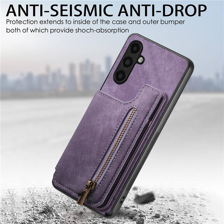 D15 For Samsung Galaxy A13 4G Case Retro Leather+TPU Phone Cover with Zipper Pocket+Kickstand - Purple