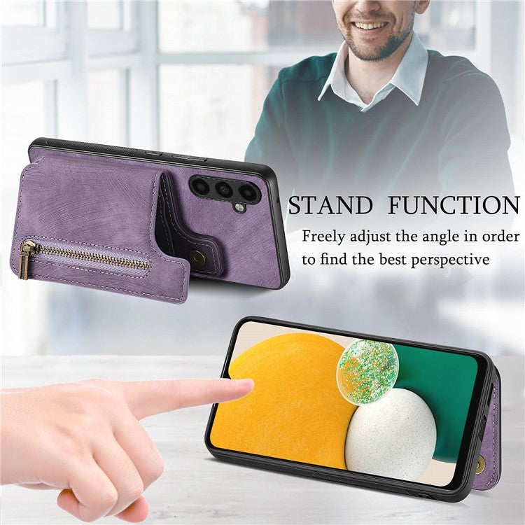 D15 For Samsung Galaxy A13 4G Case Retro Leather+TPU Phone Cover with Zipper Pocket+Kickstand - Purple