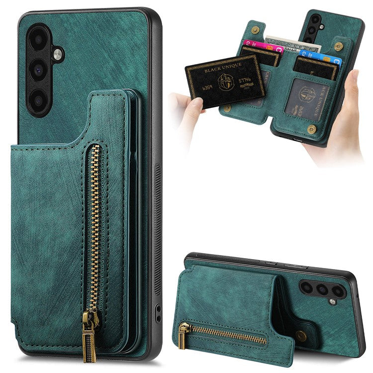 D15 For Samsung Galaxy A13 4G Case Retro Leather+TPU Phone Cover with Zipper Pocket+Kickstand - Green