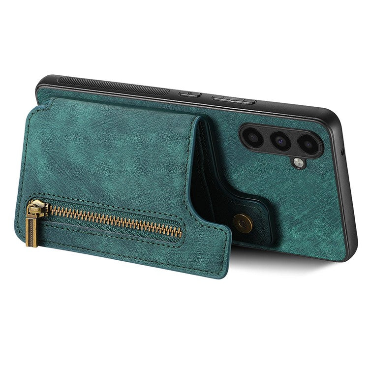 D15 For Samsung Galaxy A13 4G Case Retro Leather+TPU Phone Cover with Zipper Pocket+Kickstand - Green